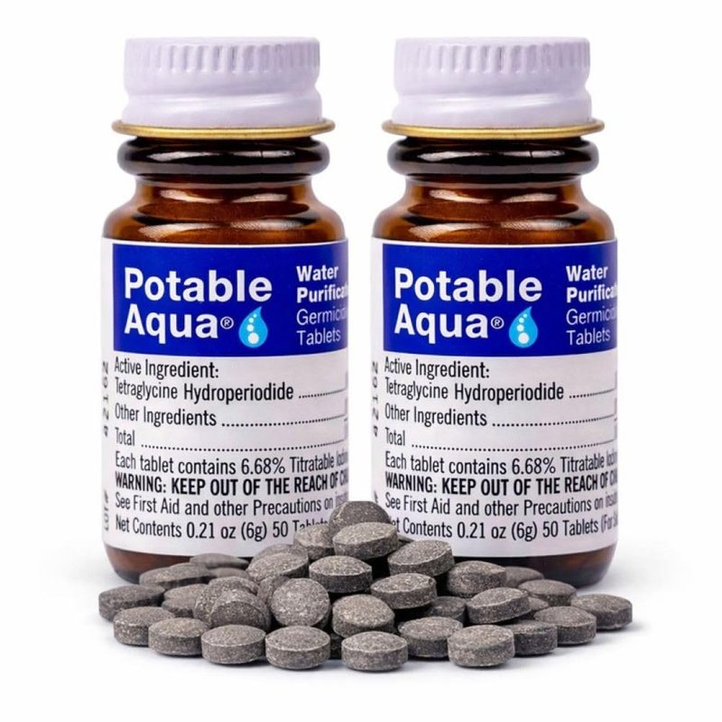 Potable Aqua water purification tablets, two 50-count bottles