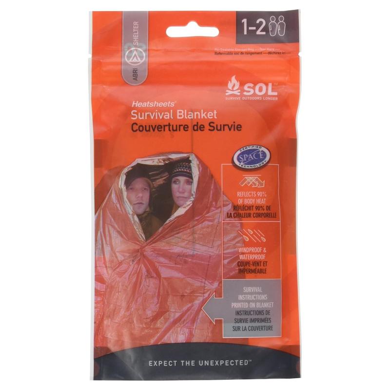 SOL survival blanket packed in an orange pouch