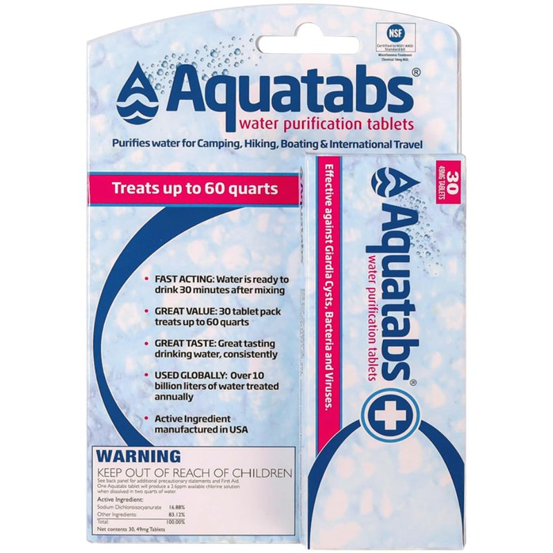Aquatabs 49 mg water purification tablets, 30 pack, model AQT30