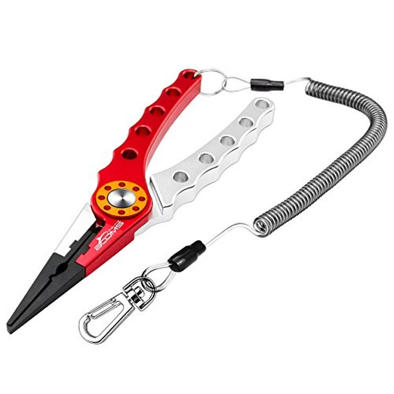 Booms Fishing X1 pliers, red and silver, with lanyard and sheath