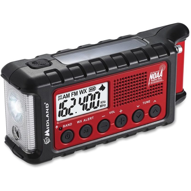 Midland ER310 emergency crank weather radio, model ER310-MFN, red and black