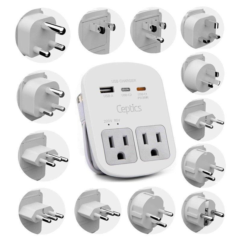 Ceptics 35W travel adapter kit with two US sockets and plug heads