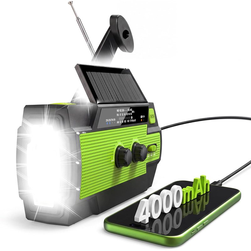 RunningSnail emergency crank radio, model 090PG, with a hand crank and flashlight