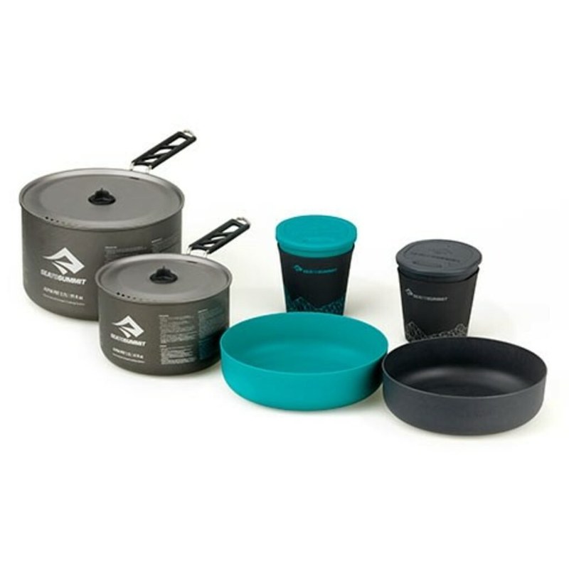 Sea to Summit Alpha cookset with two pots, bowls, and mugs