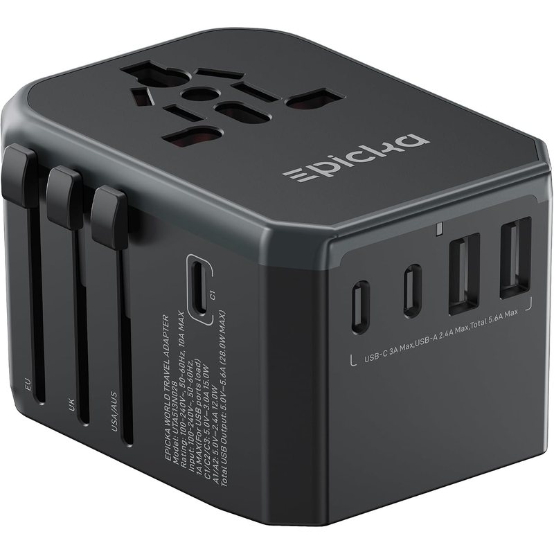 Epicka travel adapter with one AC outlet, three USB-C ports, and two USB-A ports