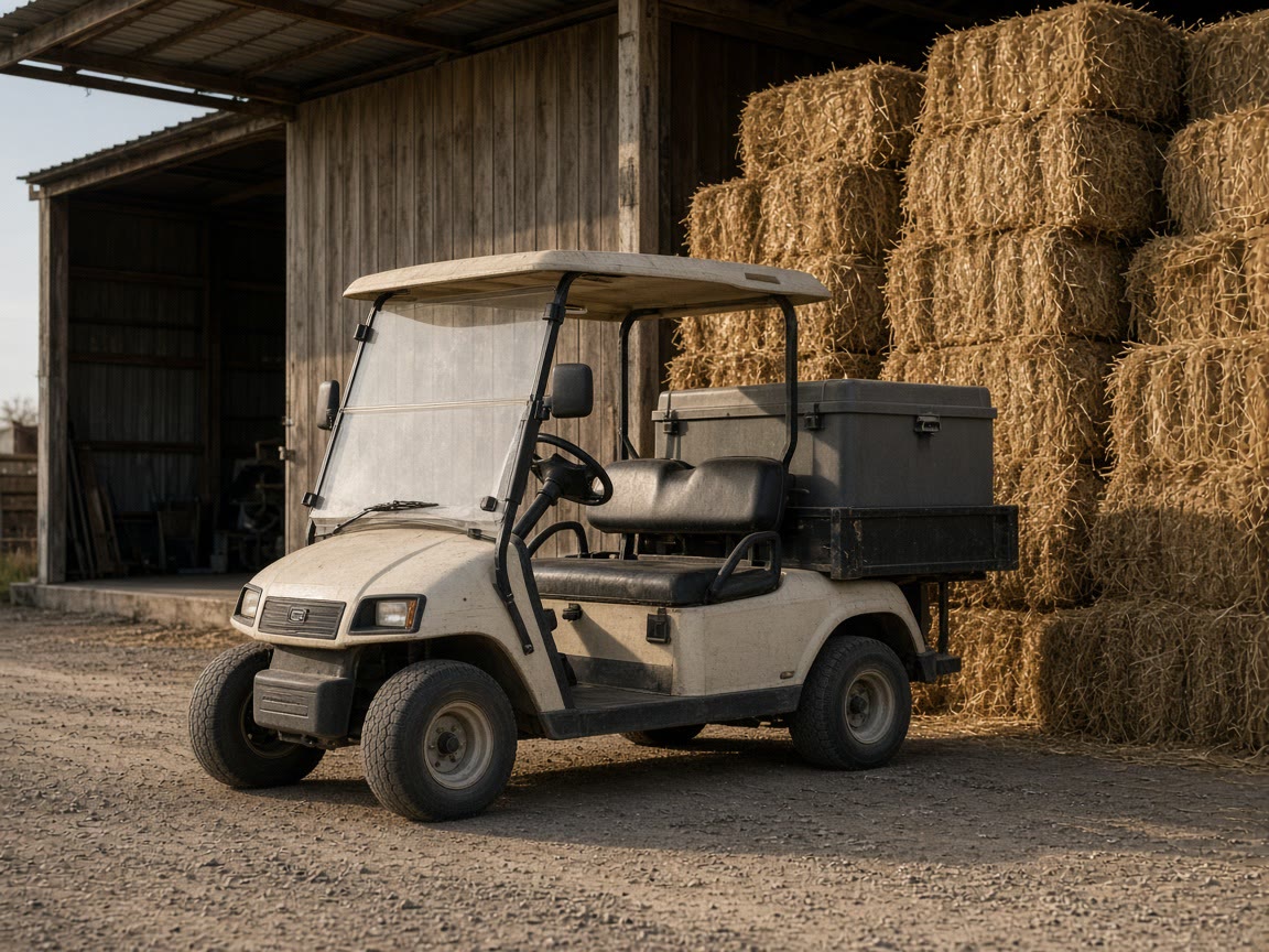 A utility cart at a farm shed. The loop is a ranch road, not a fairway.