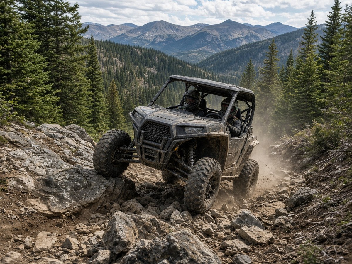 A UTV navigating a rocky technical trail obstacle. Rock crawling, overland trails, and water crossings each demand different preparation and skill.