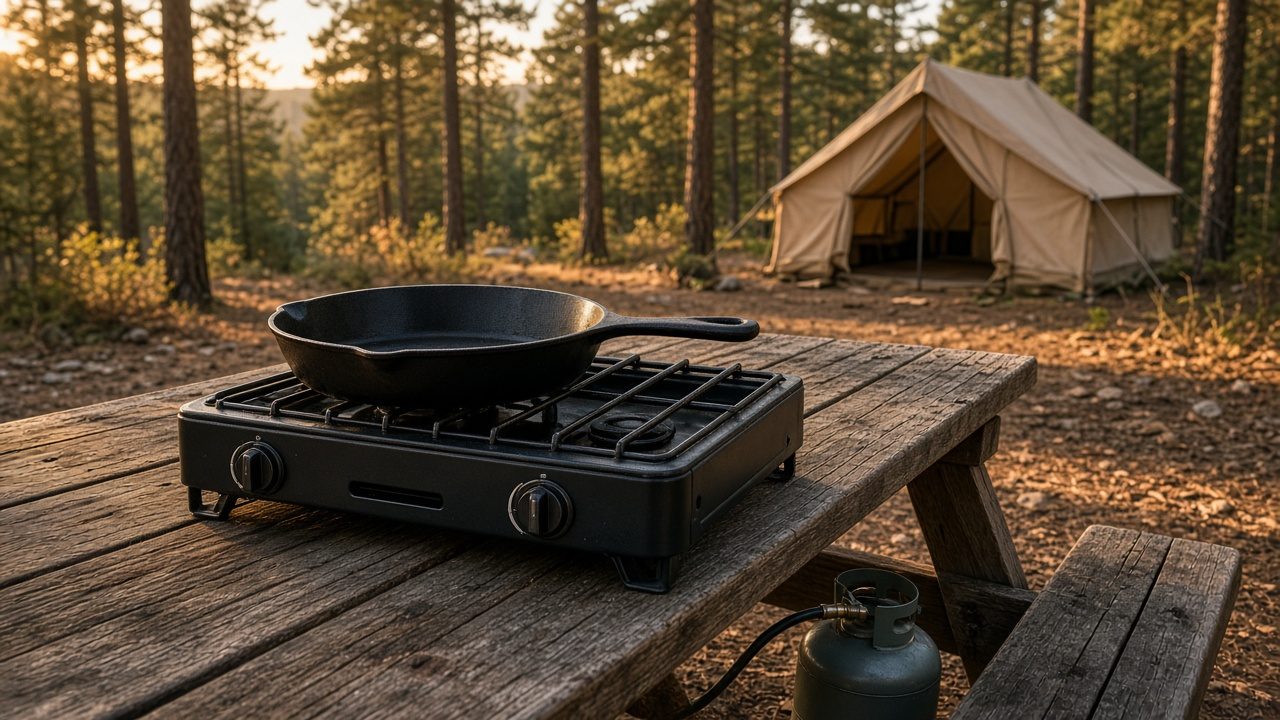 A two-burner propane camp stove and a cast-iron skillet on a picnic table in the pines