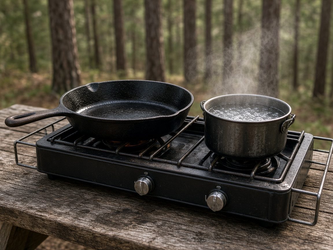 A two-burner on a table, a Lodge already in the pan bag. The oven lid is a later sit.