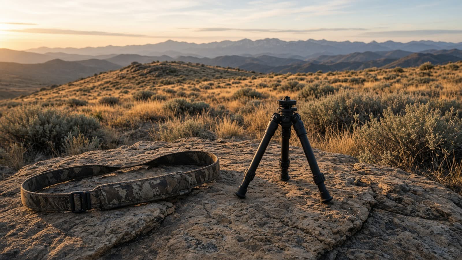 A camo hunting sling and a bipod on sandstone at last light, with sage and a western ridge behind them