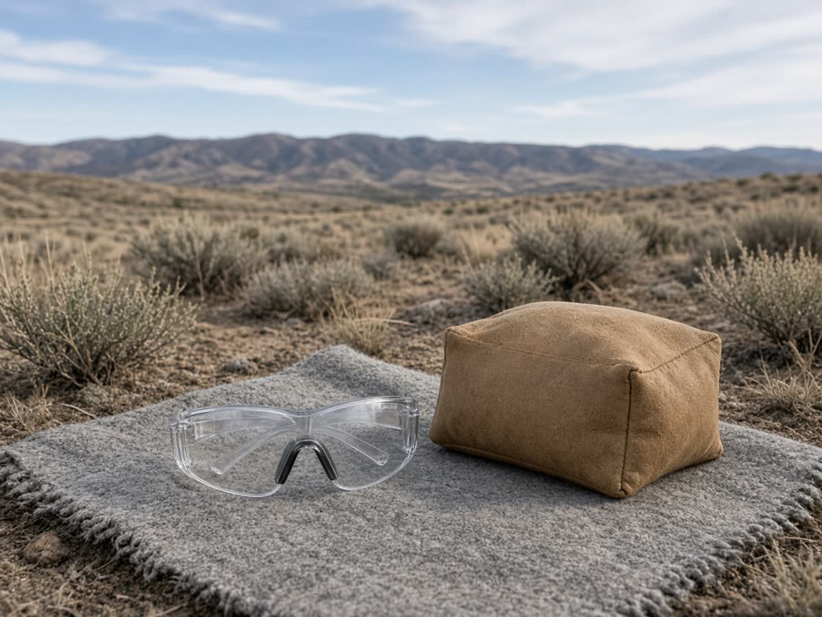 Shooting glasses and a rear sandbag on a wool blanket in western sage