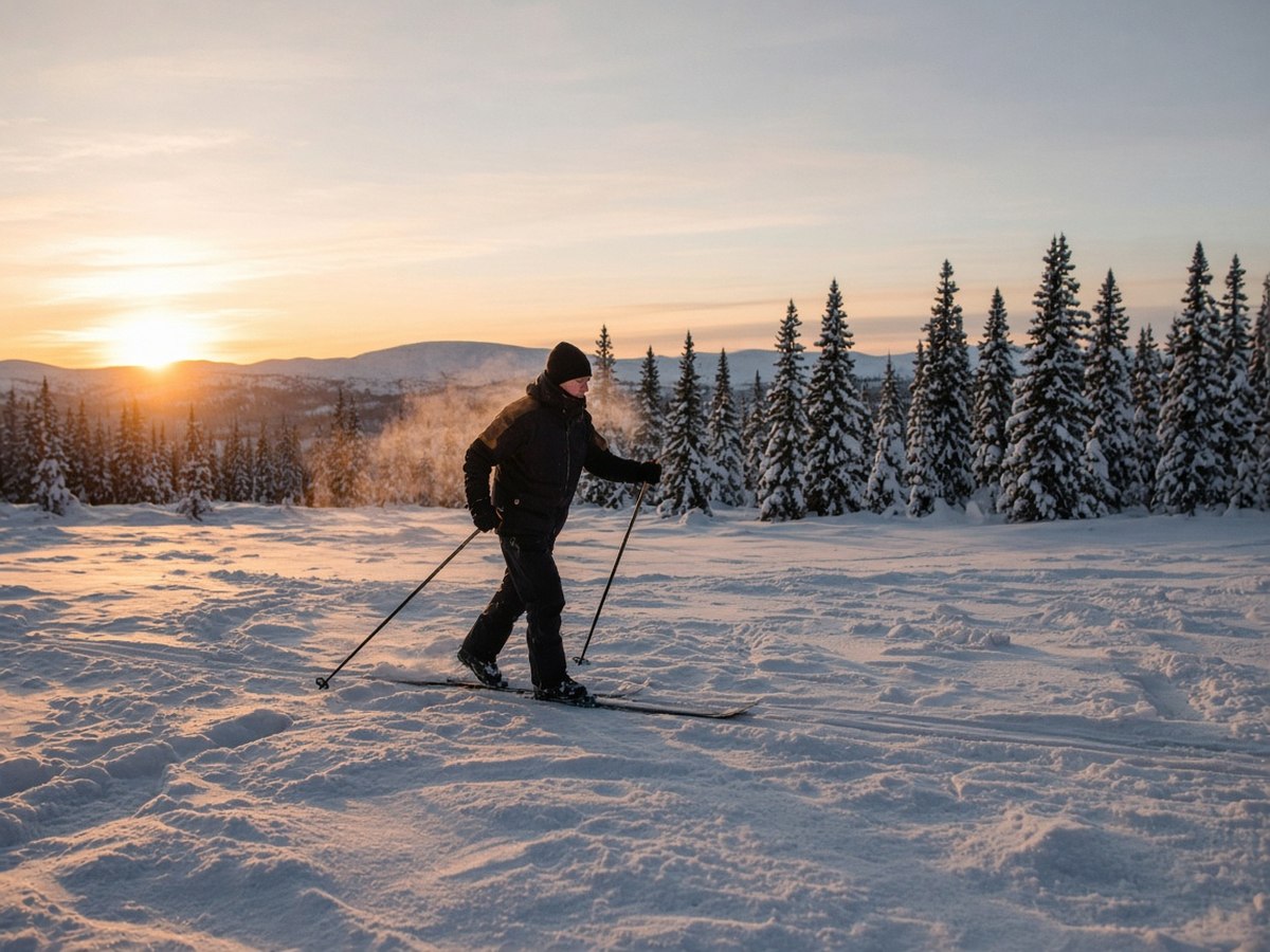 Cross-country skiing across a snowy field at sunrise. Winter outdoor activities reward proper layering and gradual skill building over indoor hibernation.