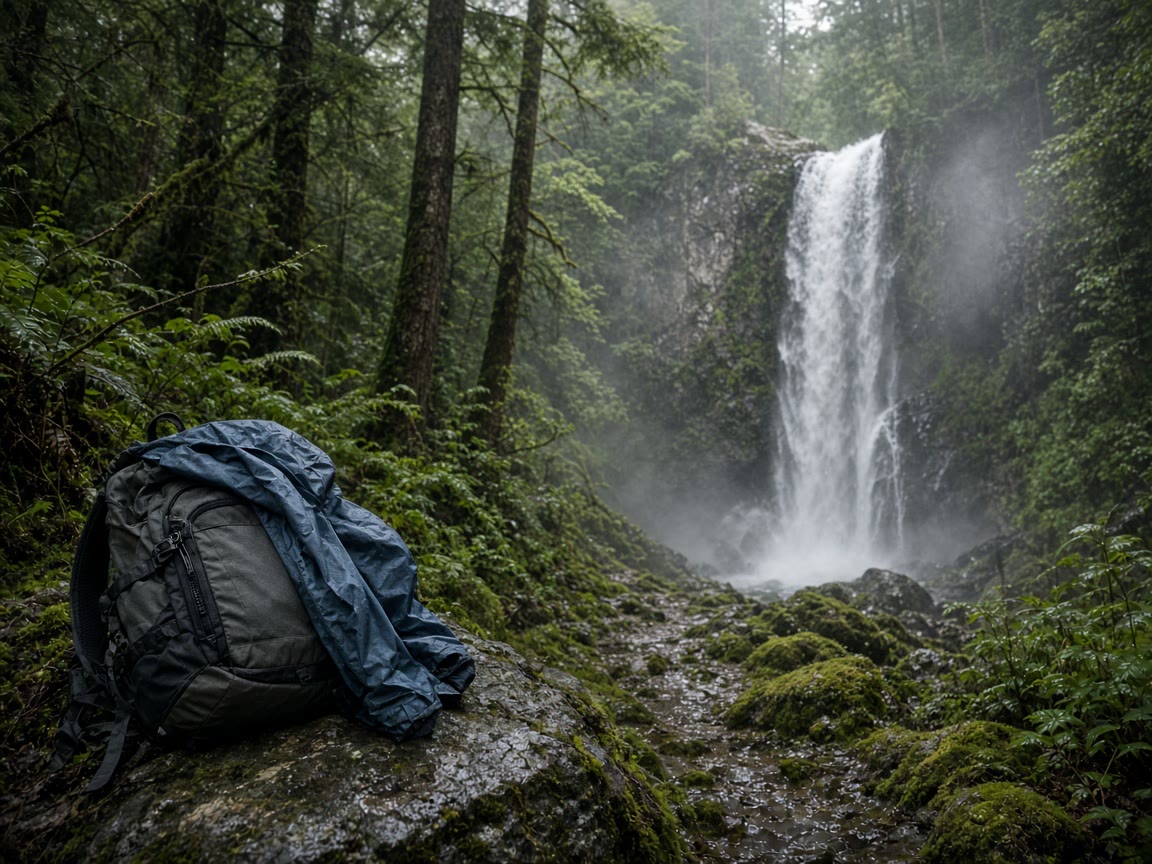 Mist, a pack, and a shell. The rock is wet on purpose.