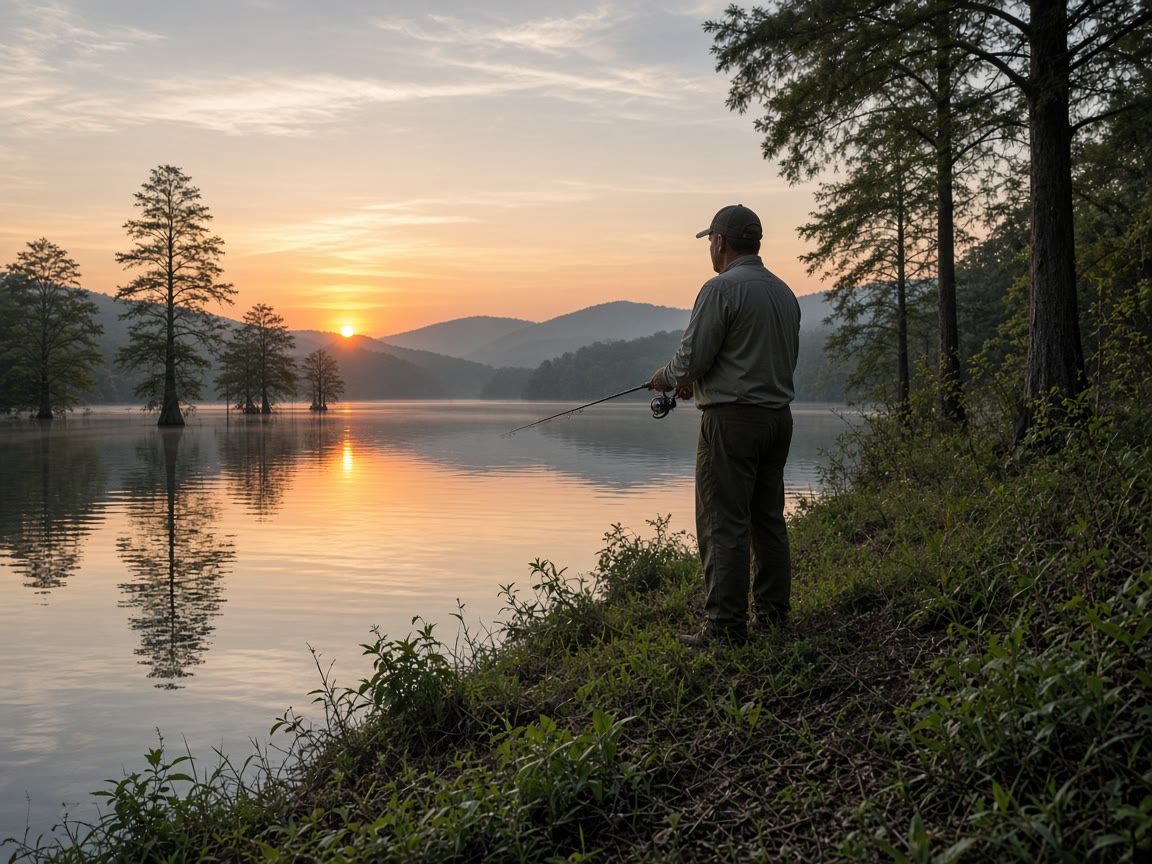 A highland reservoir at sunrise. One water this trip. The pin can wait.