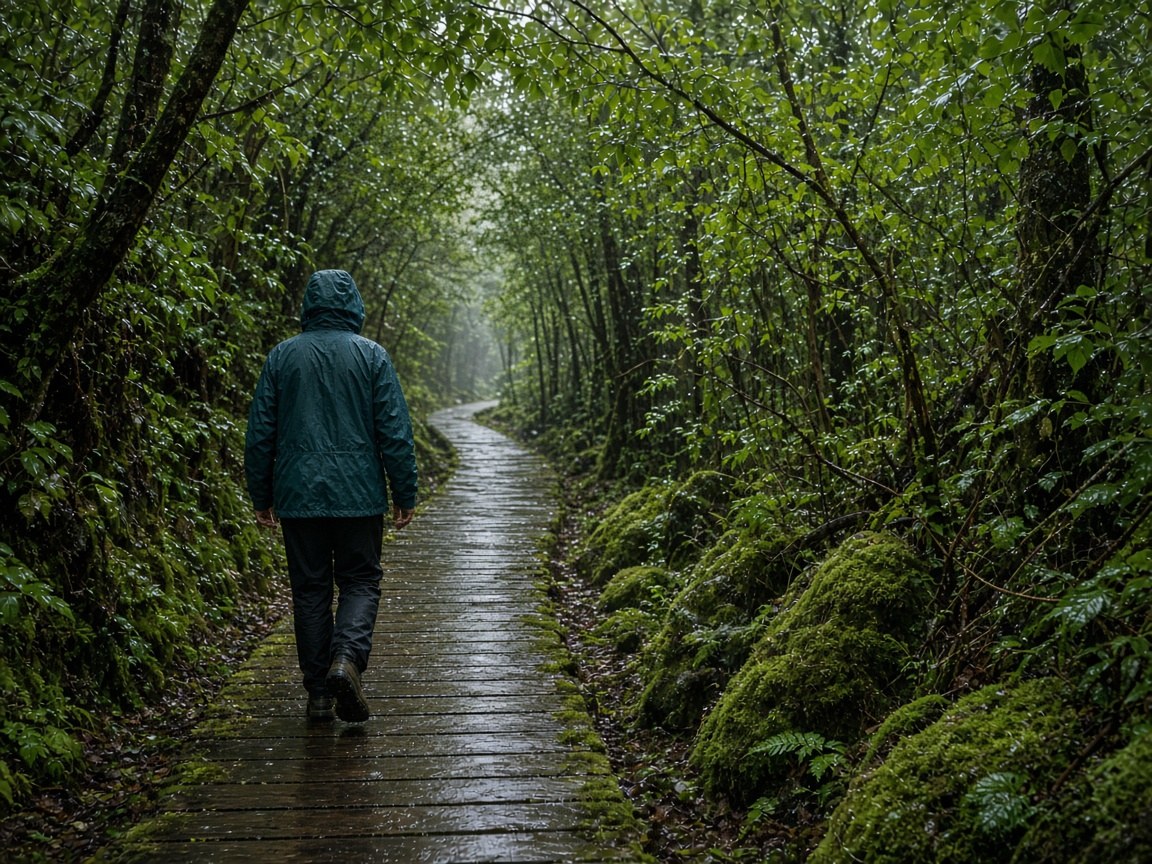 A rain shell on a wet boardwalk. The summit can wait for a drier hour.