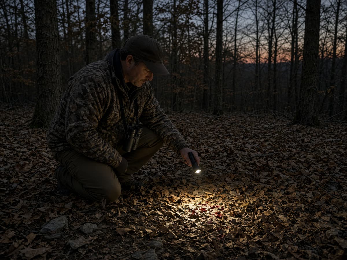 A handheld beam on leaf litter, glass on a strap. Mark the hit. Then wait. Then walk.