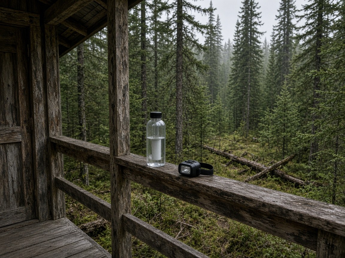 A cabin porch with a filter and a lamp. The array is a contractor’s drawing.