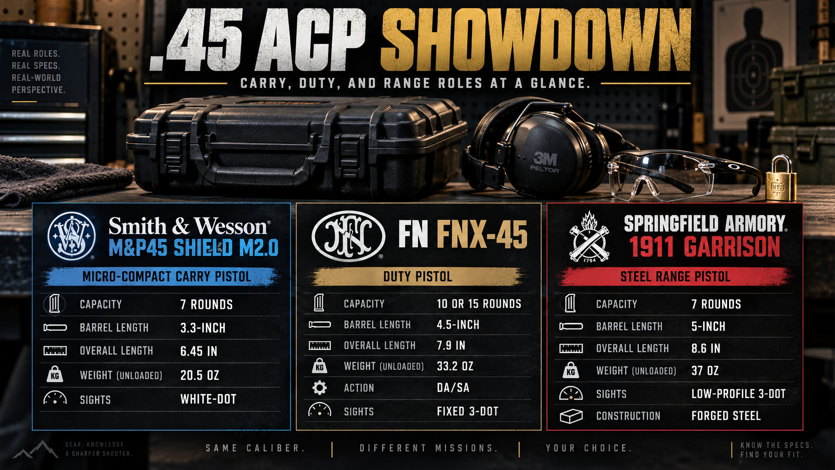 Spec poster for the Smith & Wesson M&P45 Shield M2.0, the FN FNX-45, and the Springfield 1911 Garrison, with role, capacity, barrel, length, and weight.