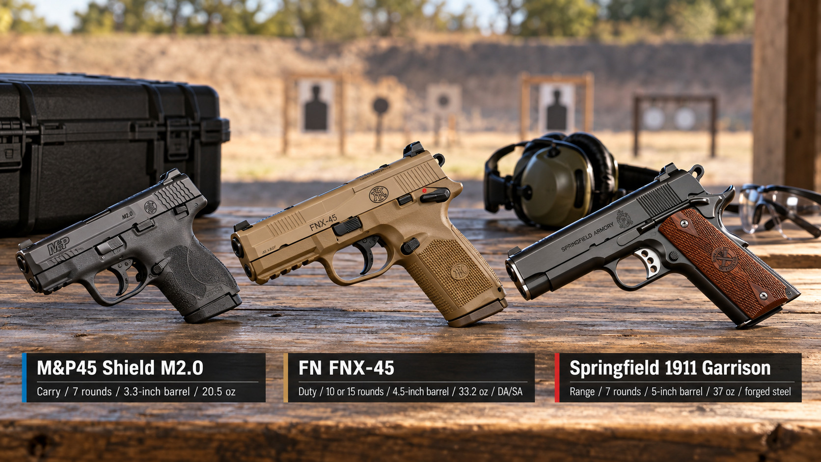 Smith & Wesson M&P45 Shield M2.0, FN FNX-45, and Springfield 1911 Garrison on a bench, with a spec strip under each pistol.