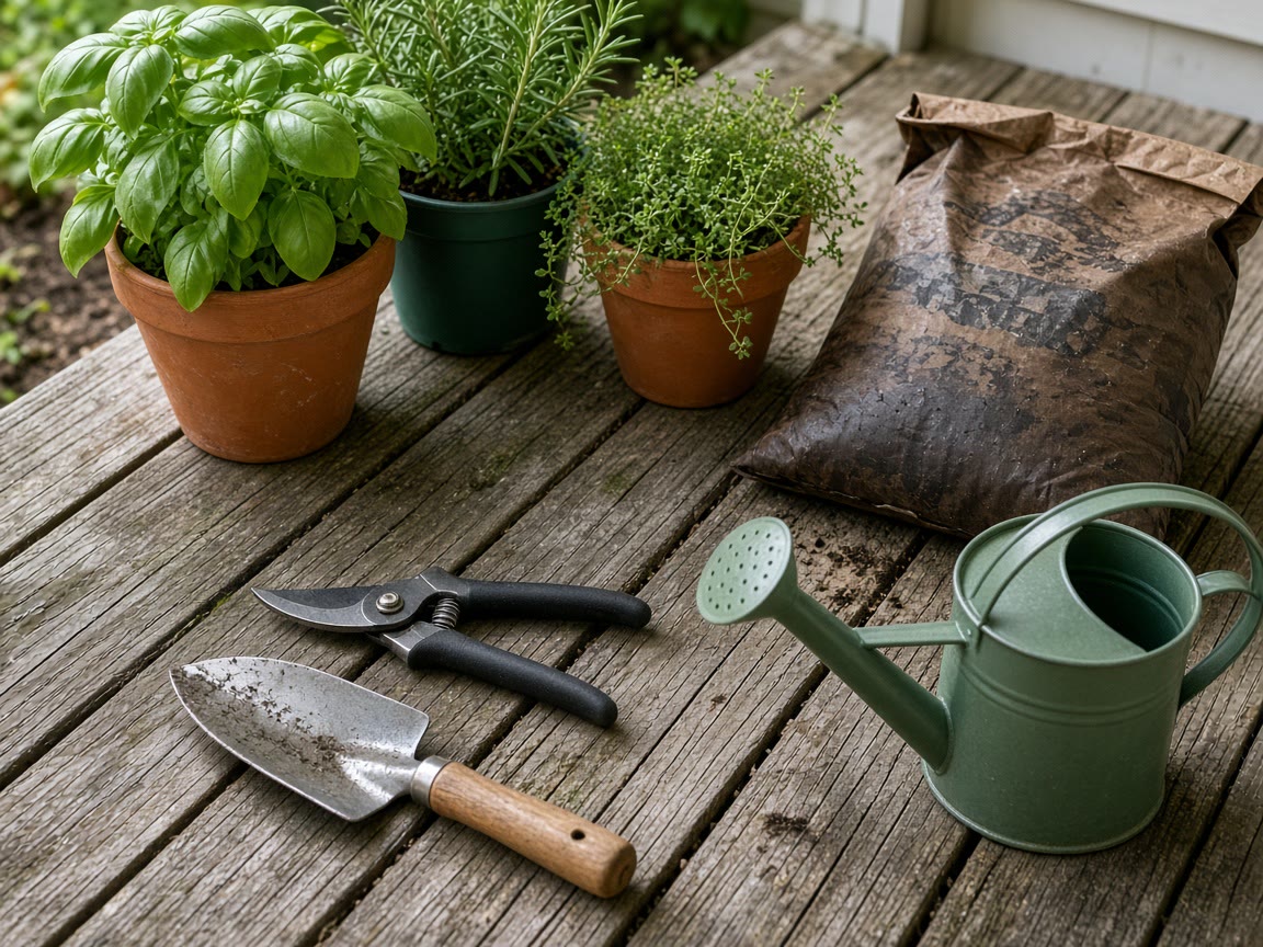A trowel, bypass shears, a bag of soil, a can. One plot is the garden.