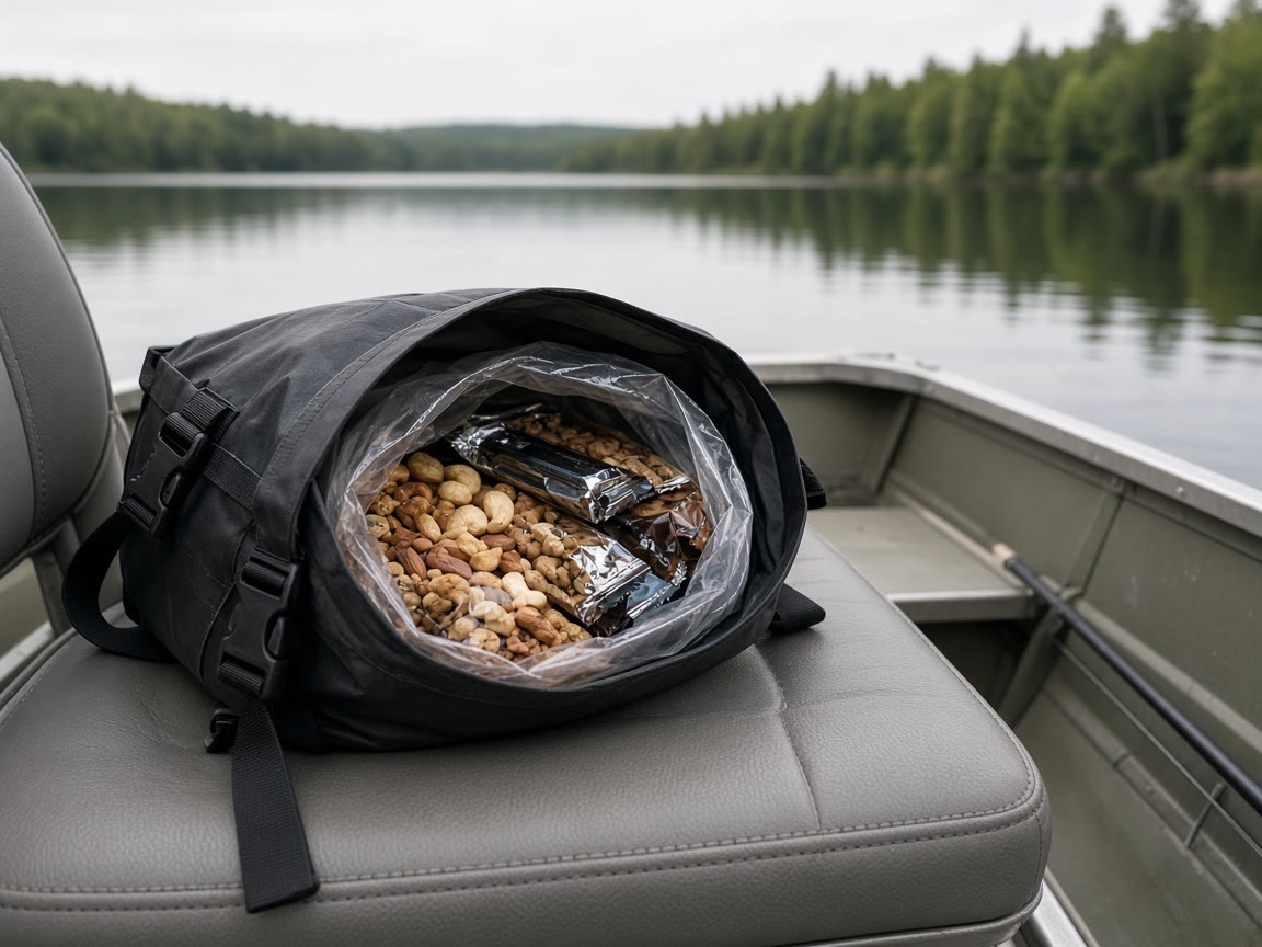 A dry bag of nuts and bars on a jon seat. Hour six still wants salt you packed.