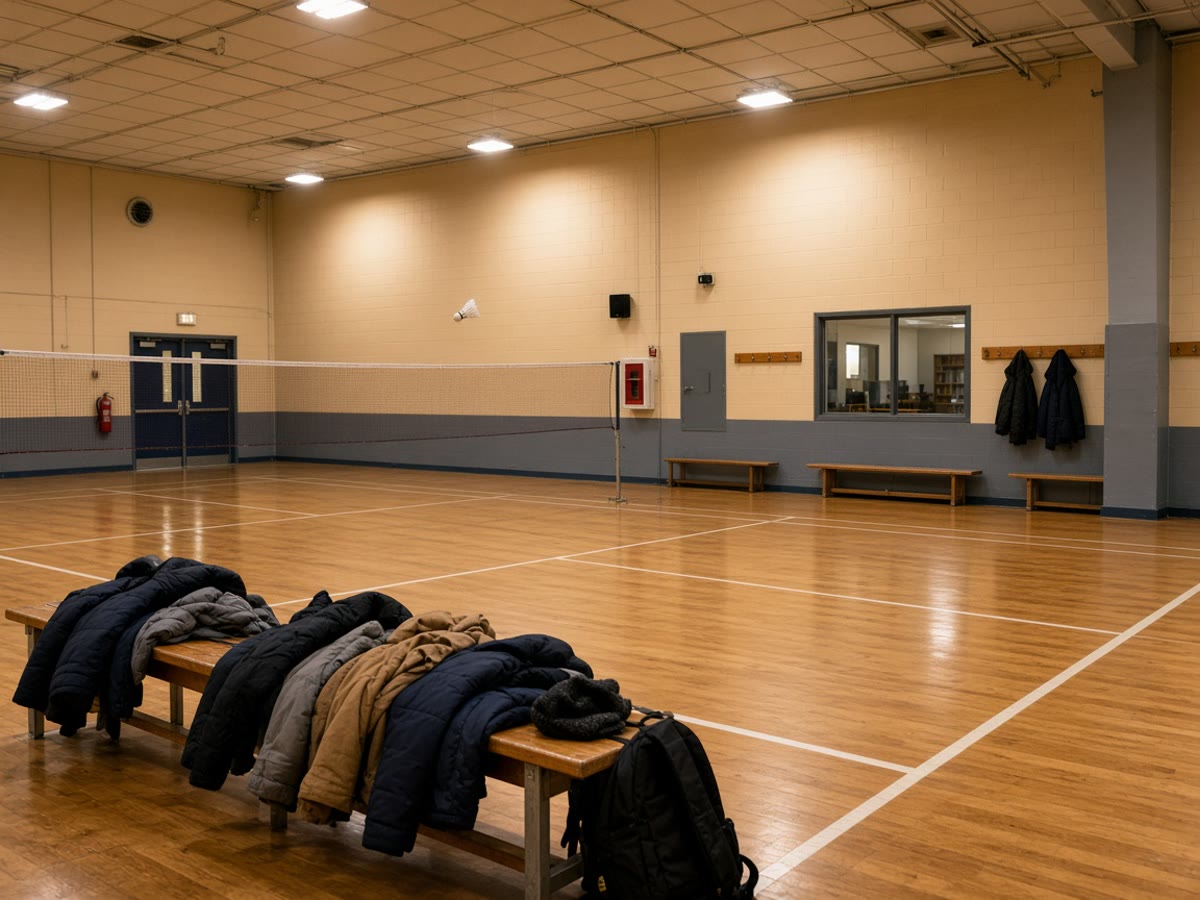 A badminton court in a winter gym. Coats on the bench. The ice can wait.