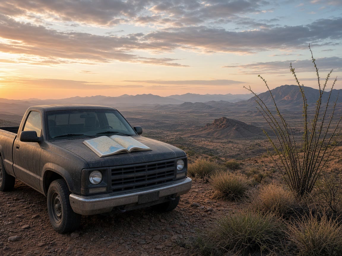 A desert overlook and an atlas on the hood. One region this trip.