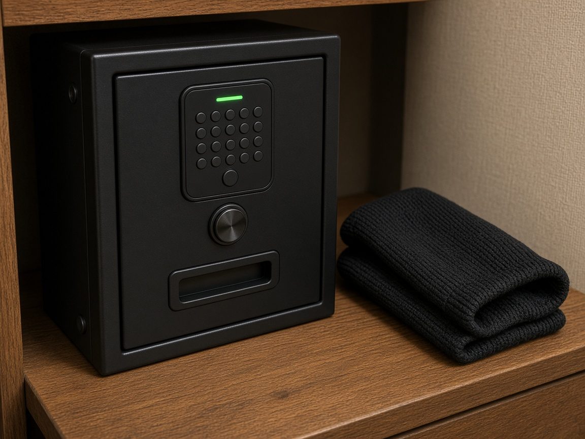 A closed safe door. The firearm is not in the photo. That is the point.