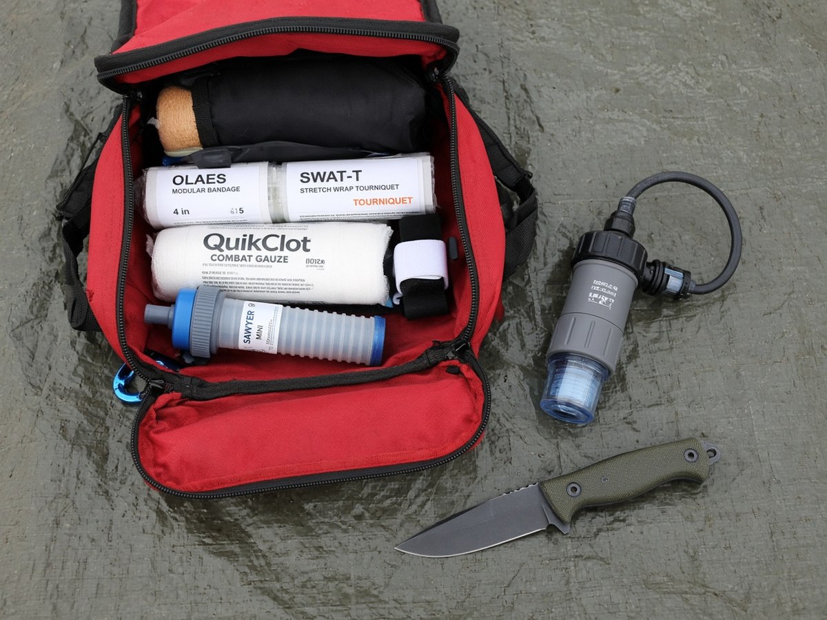 A real first-aid pouch, a water filter, and a knife you have cut with — laid out and practiced, not shrink-wrapped and forgotten.