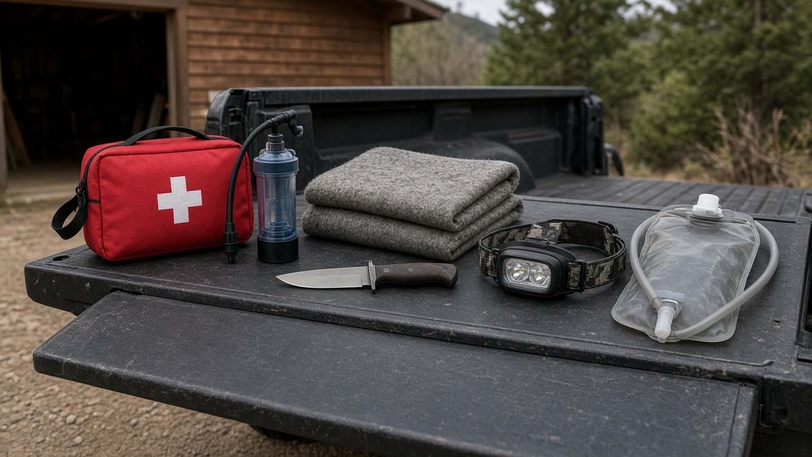 A practical 72-hour emergency kit laid out on a truck tailgate with real first-aid supplies, a water filter, and a knife