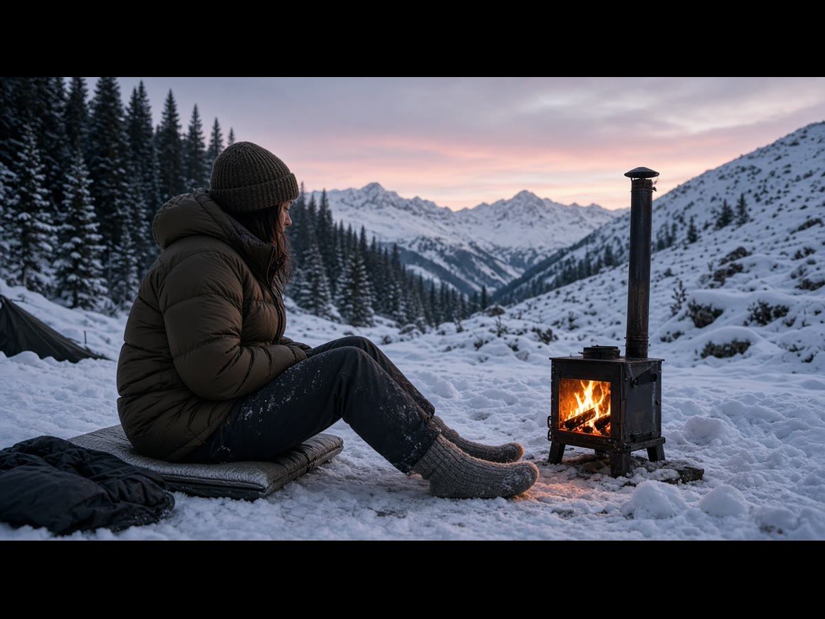 A steel mug of cocoa at a snowy overlook. Steam. Then the drive.