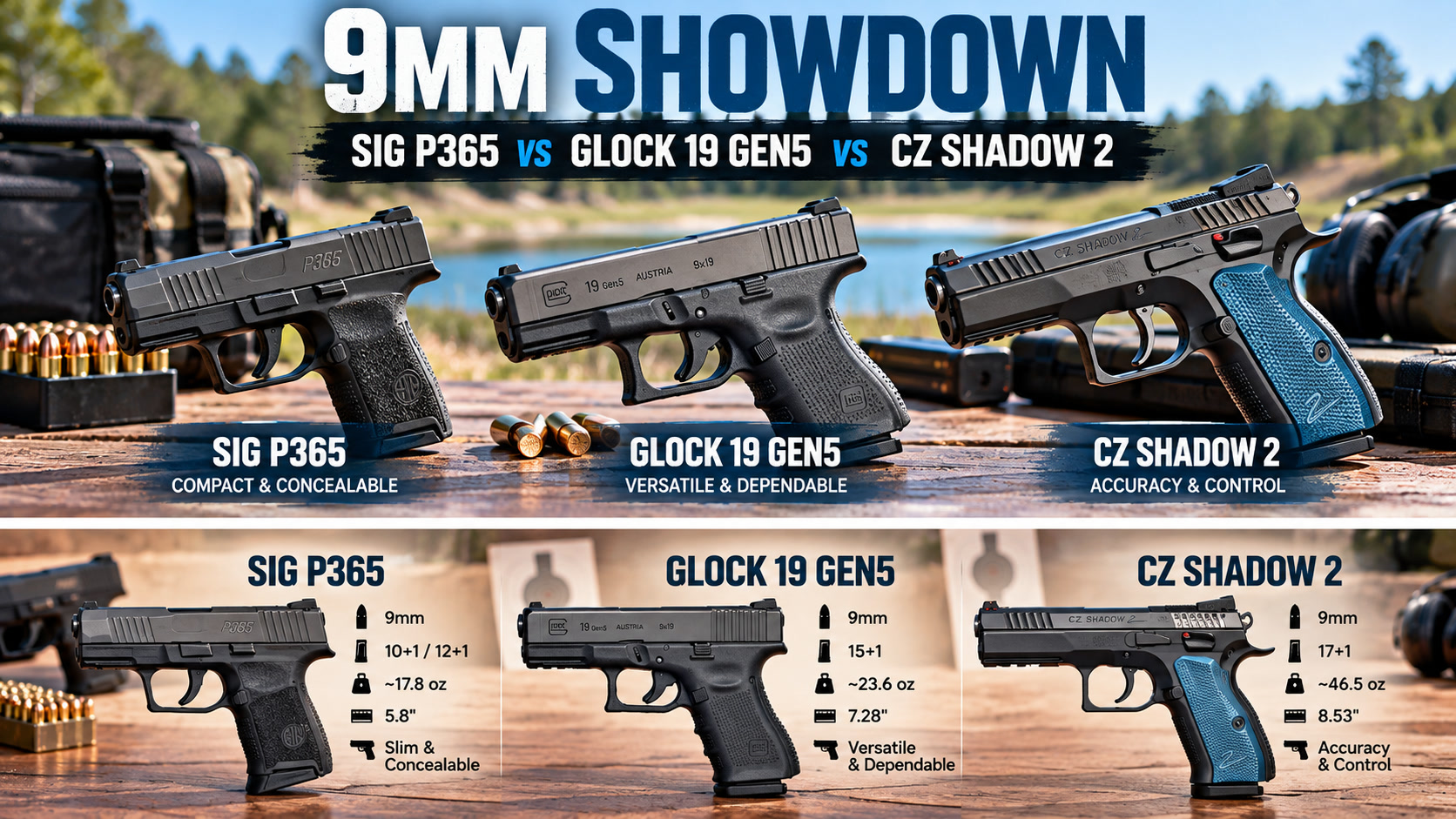 SIG Sauer P365, Glock 19 Gen5, and CZ Shadow 2 on a bench, with a spec strip under each pistol.