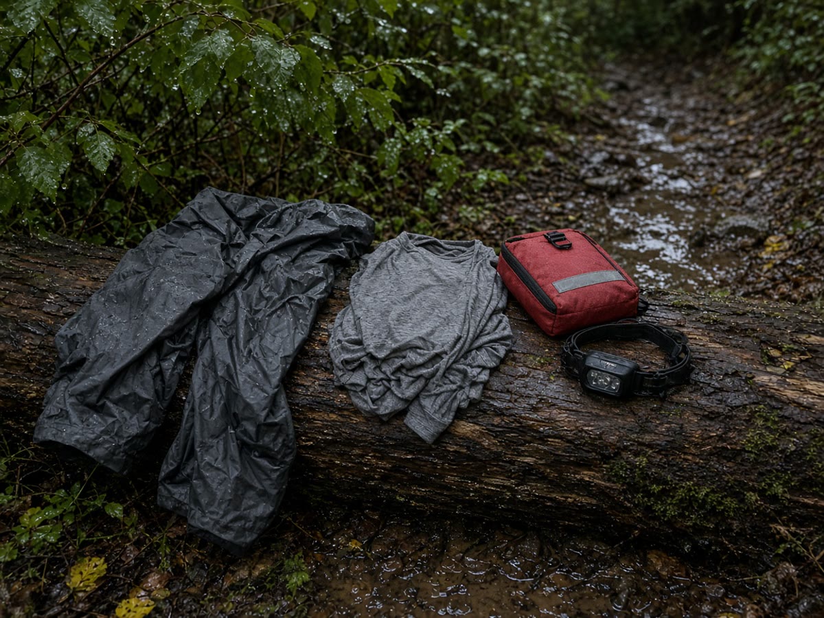 Rain pants and a merino crew on a wet September trail. Fifty-degree rain is a heat-loss problem. Wet cotton is the thief.