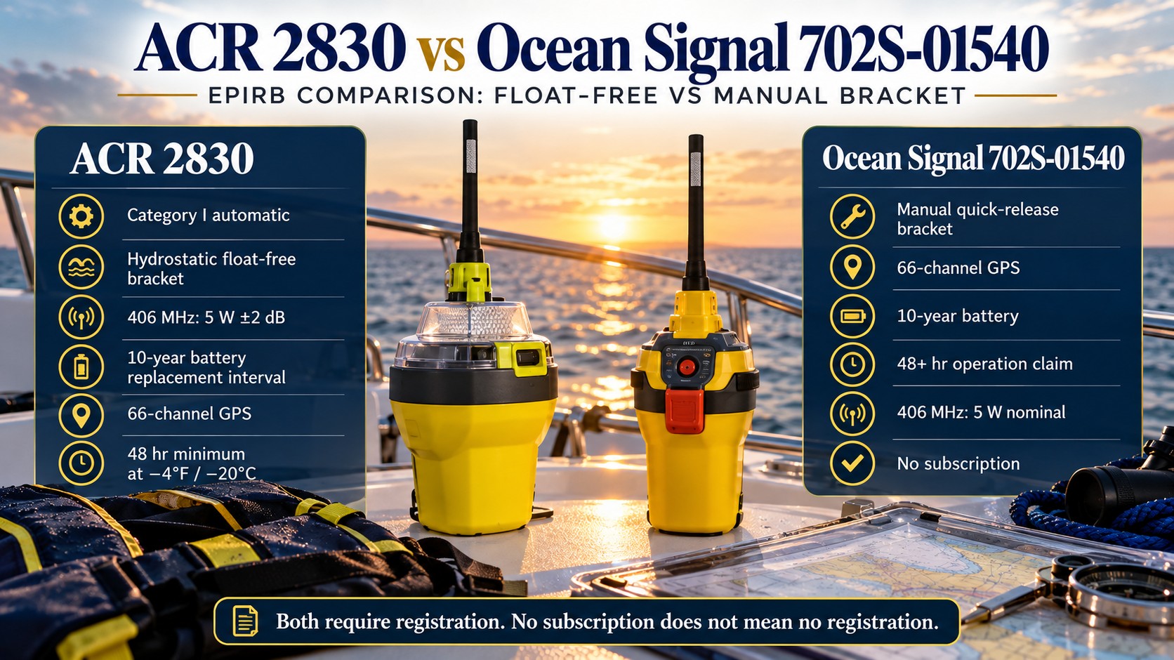 Two beacons on a boat, poster headline ACR 2830 vs Ocean Signal 702S-01540