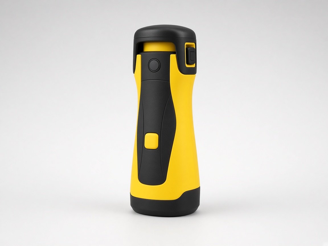 A yellow marine EPIRB distress beacon on a plain background