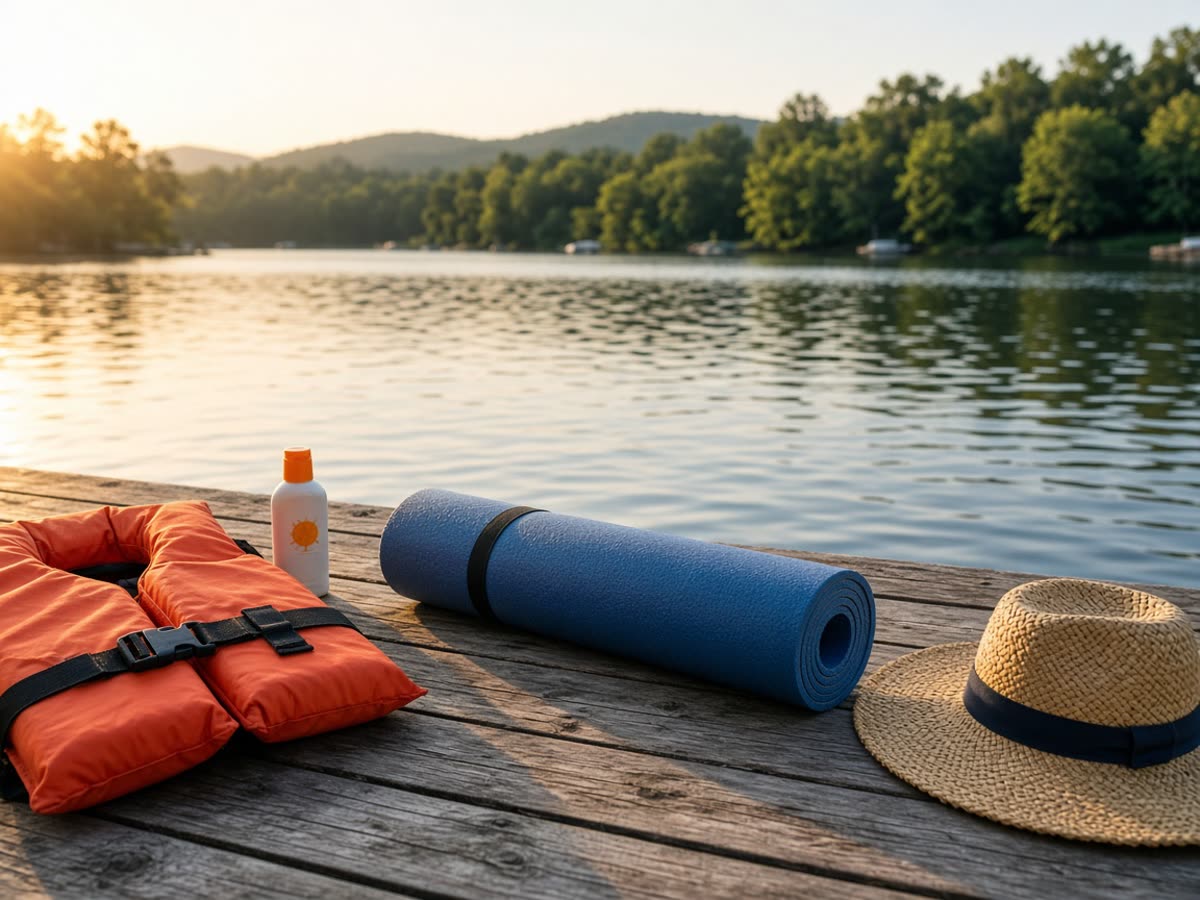 A dock, a vest, lotion on a brim. One corridor is the weekend.
