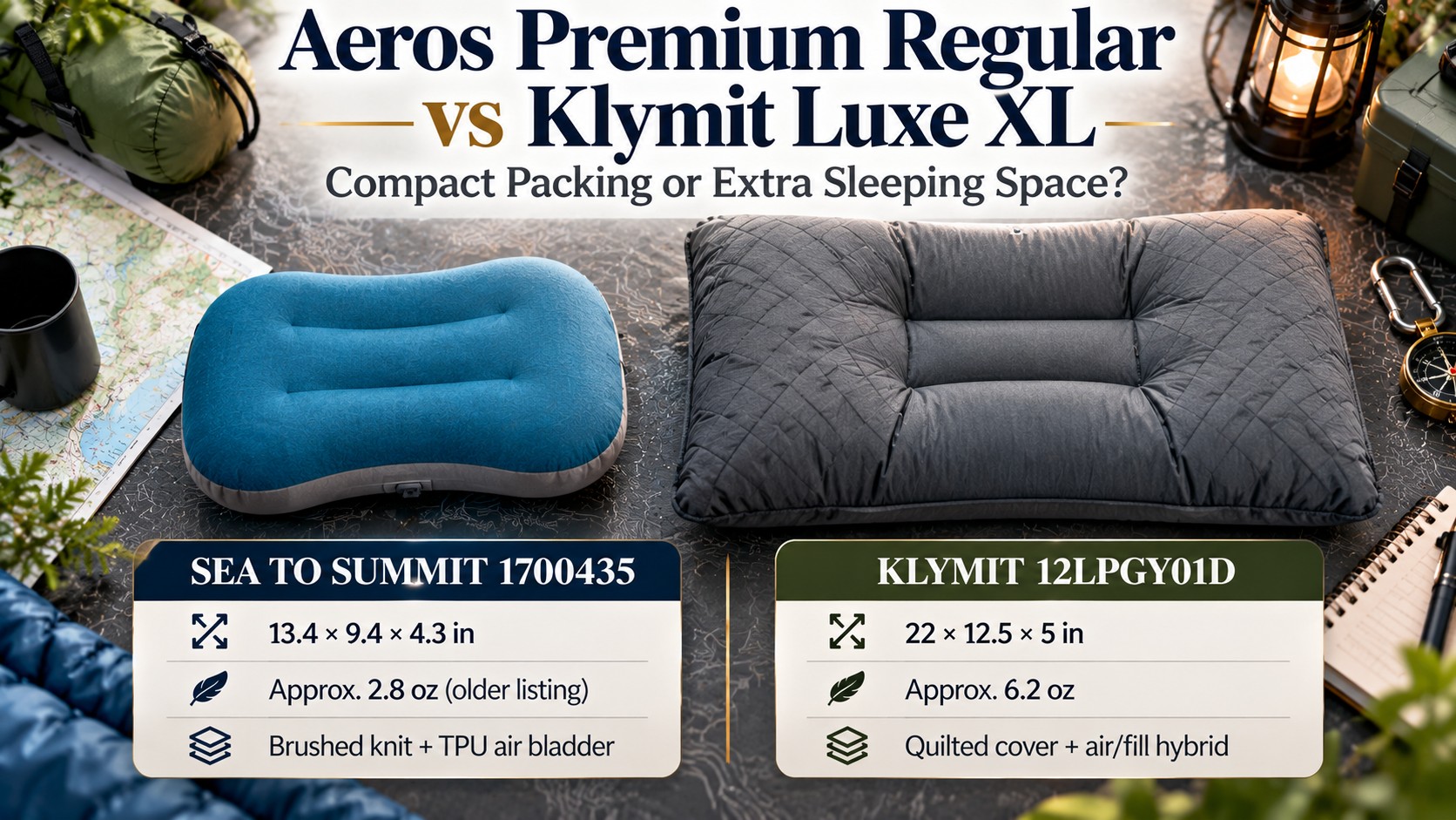Two camping pillows, headline Aeros Premium Regular vs Klymit Luxe XL