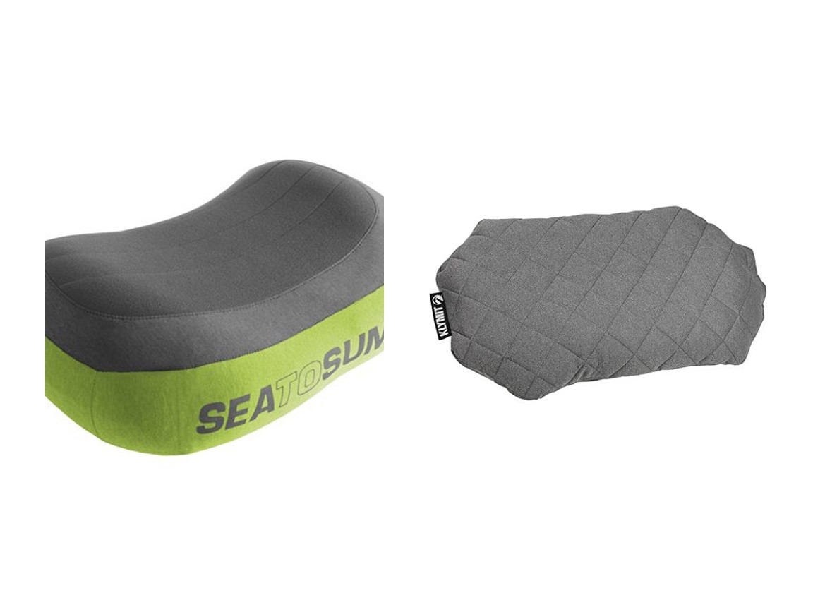 A compact Sea to Summit Aeros pillow and a larger Klymit Luxe pillow on a plain background
