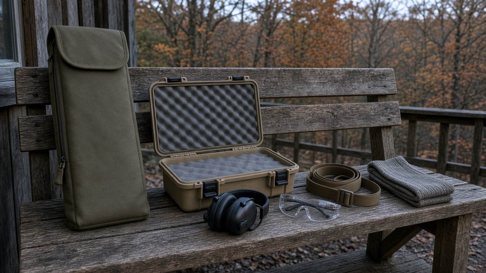 An empty hard case, a closed canvas case, electronic muffs, shooting glasses, and a sling on a cabin bench