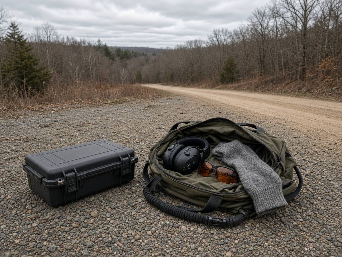 A closed hard case and an open canvas bag holding muffs, glasses, and a sling on a gravel turnout