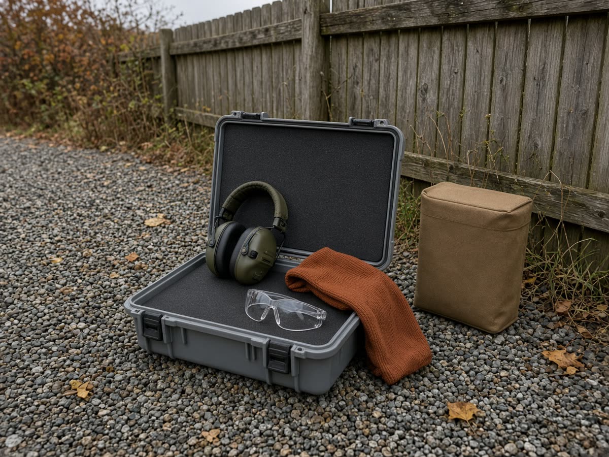 An open hard case and a shorter canvas sleeve with muffs, glasses, and a rifle sock on a gravel pull-off