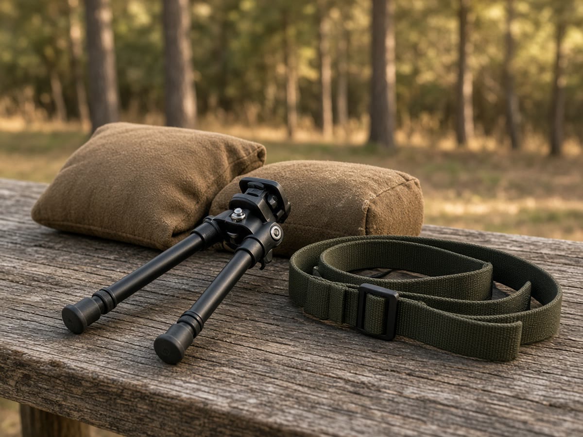 An empty range bench: bags, glasses, and muffs. Pattern the rifle you already own. The receivers stay at a licensed dealer.