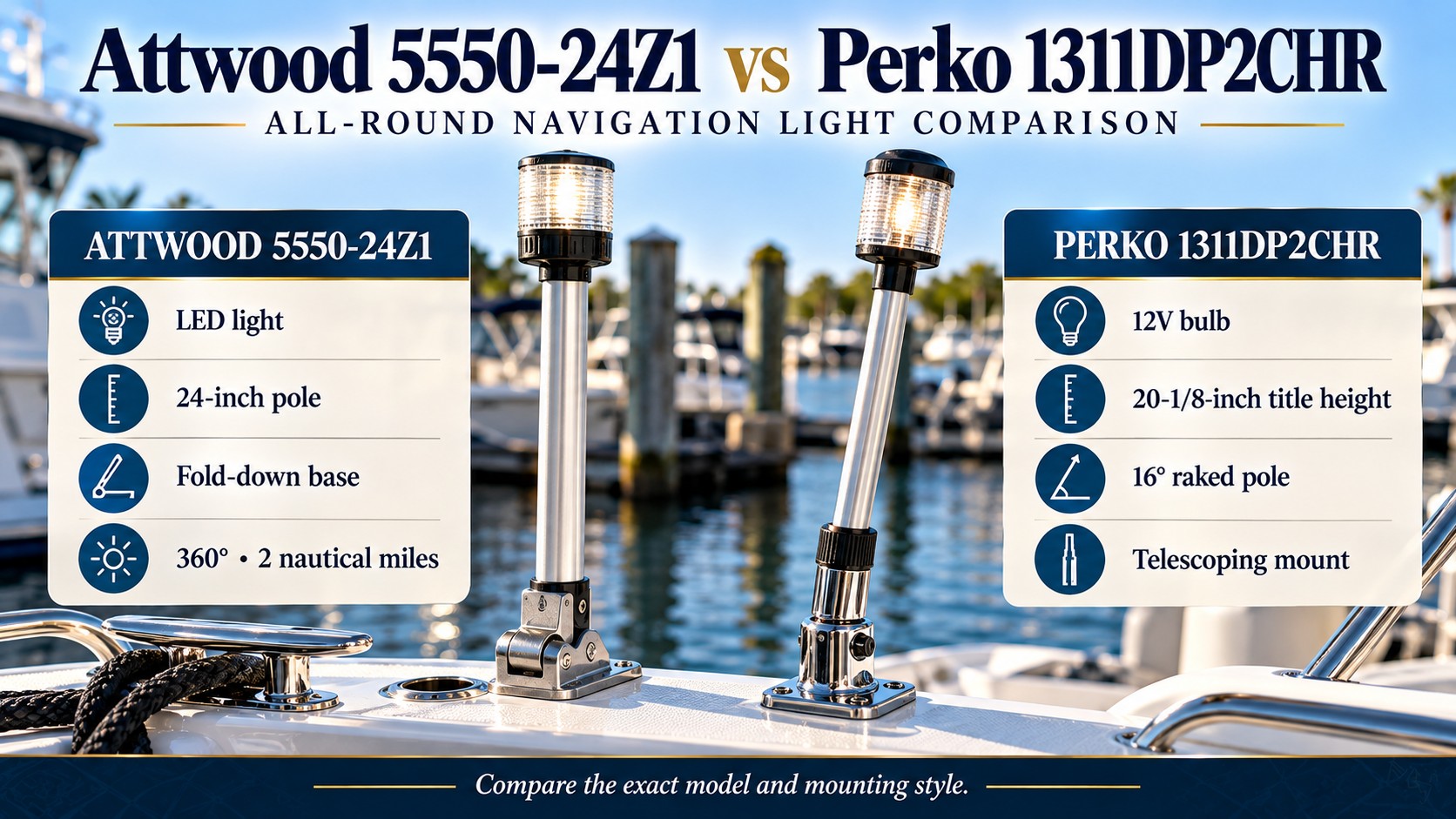 Two navigation lights on a boat, headline Attwood 5550-24Z1 vs Perko 1311DP2CHR