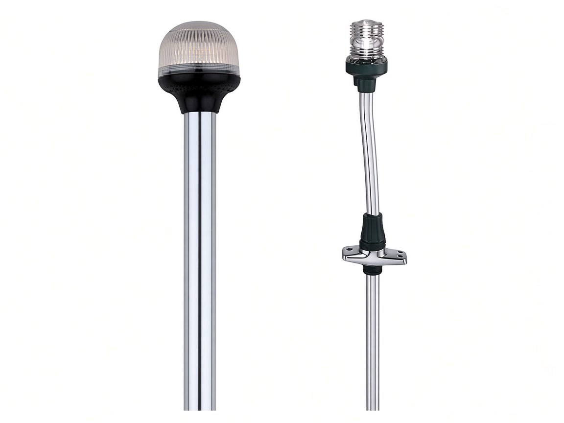 A straight LED pole light and a raked bulb pole light on a plain background