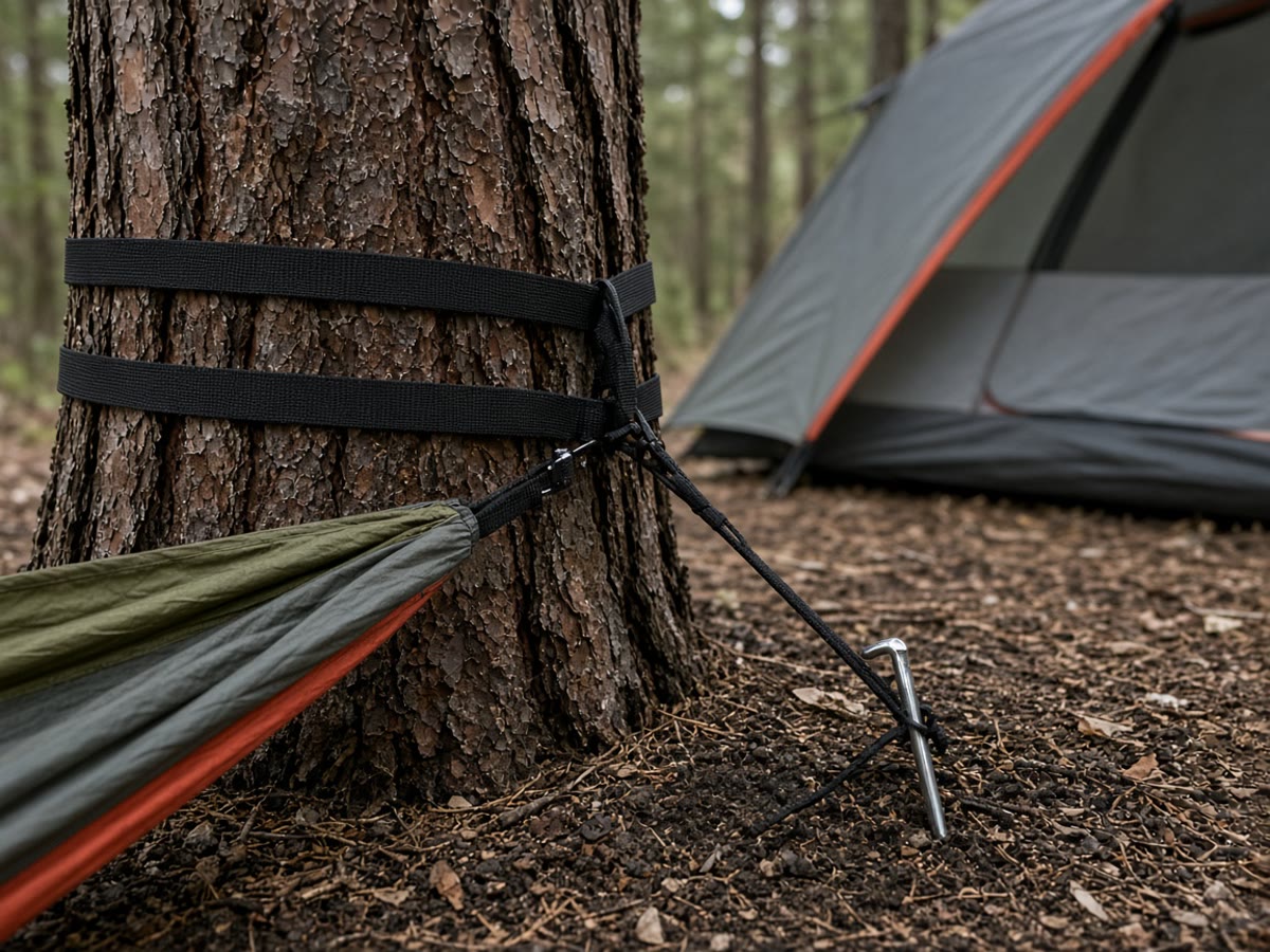 A backpacking tent on pine duff beside a hammock under a tarp. Trees decide the hang. Dirt decides the tent.