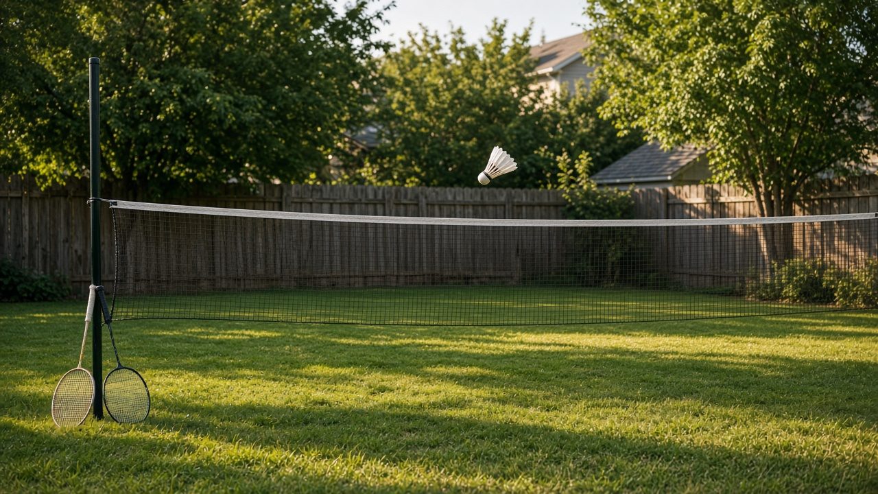 A backyard badminton net and a shuttlecock in the air at late sun
