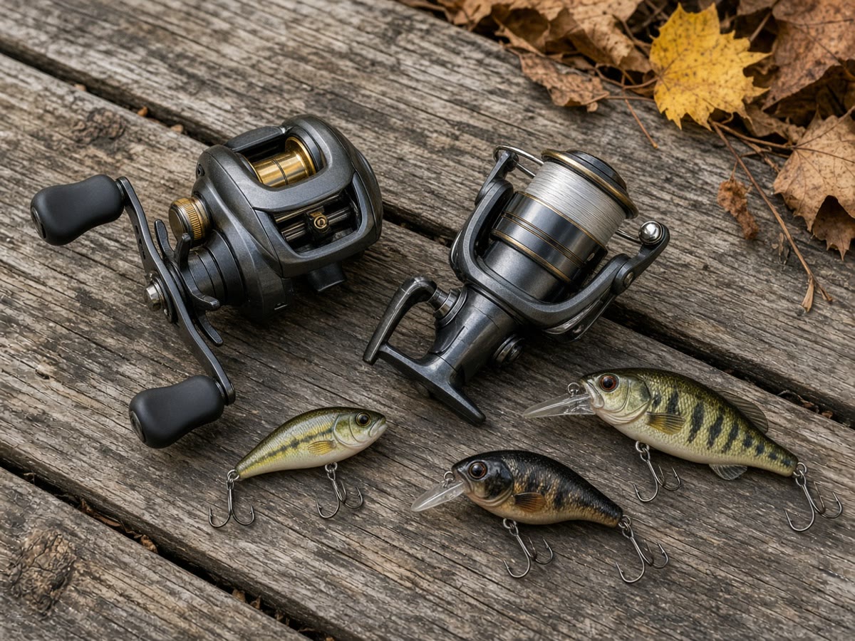 A baitcast combo and a spinning combo on a fall shoreline. Match the reel to the bait, not the month on the calendar.