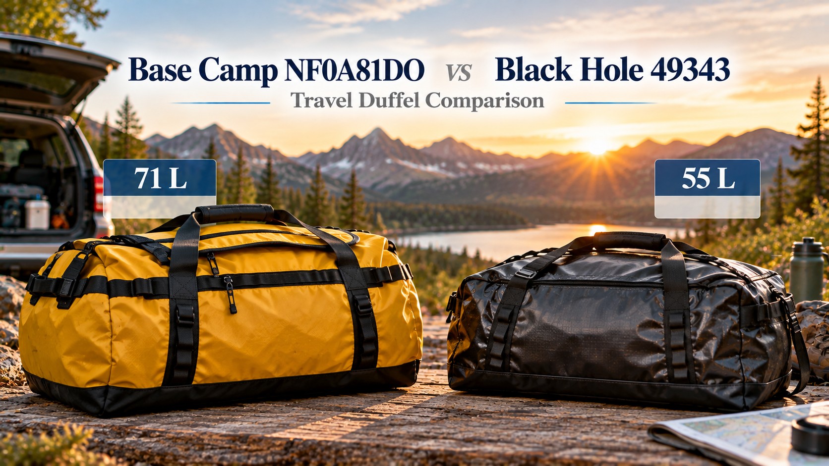Yellow Base Camp NF0A81DO and black Black Hole 49343, magazine cover headline Base Camp NF0A81DO vs Black Hole 49343
