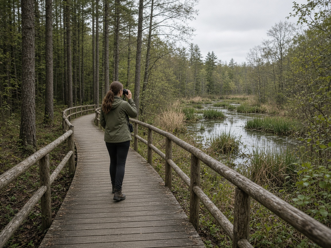 A boardwalk and a pair of binoculars. Starting outside does not require a tent.