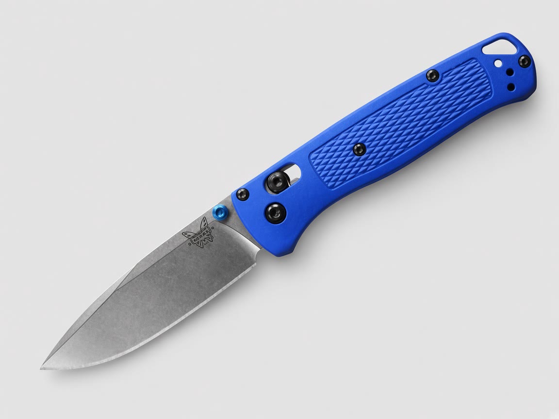 Open blue-handled folding knife on a plain background.